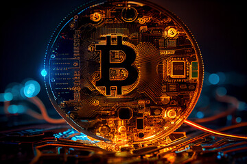 Bitcoin coin on a circuit board, with light trails and electrical energy surrounding it, in a dark and mysterious tech lab, with a surreal and futuristic mood. Generative AI