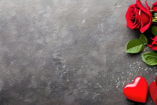 Valentine's day background with red roses with copy space. Romantic composition view from above. Generative ai.

