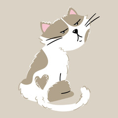 Illustration of a cat sitting on its back and looking over its shoulder with an angry face. Vector drawing