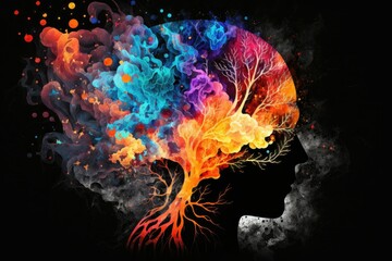 Fiery creativity as human brain silhouette. Generative AI
