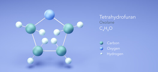 tetrahydrofuran, molecular structures, oxolane, 3d model, Structural Chemical Formula and Atoms with Color Coding
