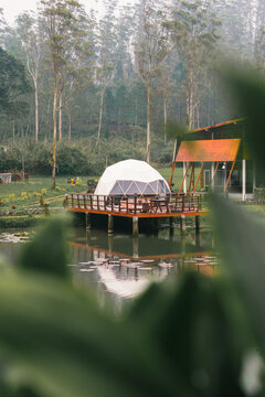 Isolated framing glamping beside the lake in the jungle or mountain