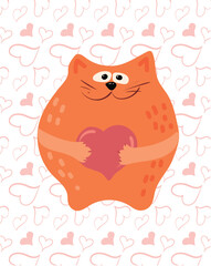 Funny cute red fat cat in its paws holds a valentine. Vector isolated image on a background of hearts for a postcard or sticker. Gift for valentine's day.