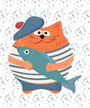 Funny cute fat red cat in a sailor suit and a beret in his paws holds a fish. Vector image for postcard or sticker