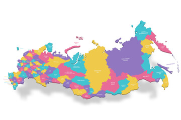 Obraz premium Russia political map of administrative divisions - oblasts, republics, autonomous okrugs, krais, autonomous oblast and 2 federal cities of Moscow and Saint Petersburg. 3D colorful vector map with name
