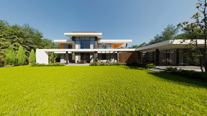 Modern house on a beautiful green area. House in modern style. 3D visualization