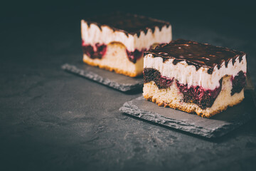 German cake Donauwelle (Danube waves) - vanilla and chocolate sponge cake with sour cherries,...