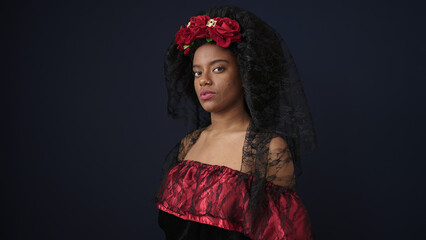 African american woman wearing katrina costume standing with relaxed expression over isolated black background