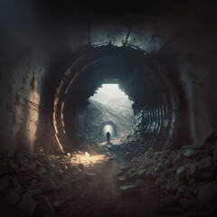 Human silhouette stands in an abandoned mine, adding mystery to the eerie atmosphere. Generative AI illustration