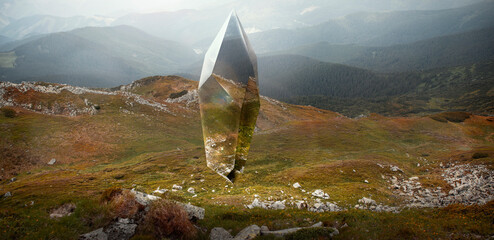 Beautiful landscape of foggy, cloudy mountains in spring, summer with futuristic crystal figure design element. Wallpaper for your device screen, poster. Concept of art, creativity, surrealism