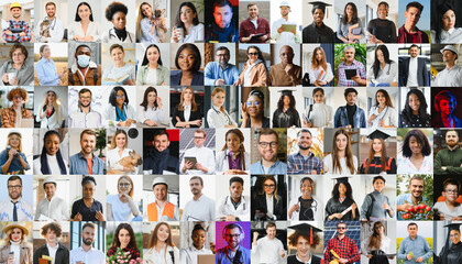 Hundreds of multiracial people crowd portraits headshots collection, collage mosaic. Many lot of multicultural different male and female smiling faces looking at camera. Diversity and society concept