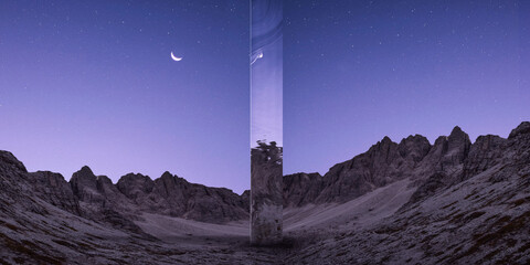 Abstract futuristic design element on mountain landscpae at night with purple sky and new moon. Design for wallpaper for your device screen, poster, picture. Concept of art, creativity, surrealism
