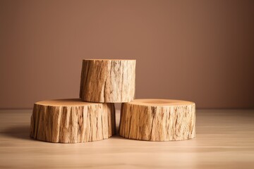 High-Resolution Mock-Up Image of Wooden Log Product Display Against a Delicate Rustic Background, Perfect for Adding a Natural and Cohesive Element to any Presentation