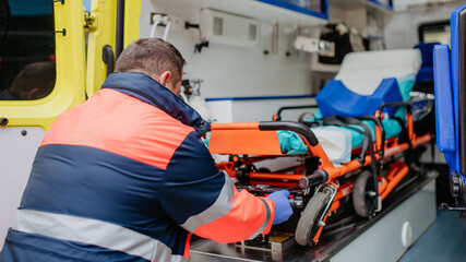 Close-up of empty stretcher inside ambulance vehicle. © Halfpoint