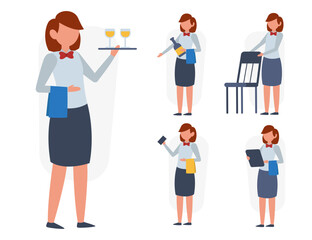 set of waitress in cartoon character different actions vector