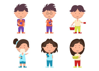 Obraz na płótnie Canvas Set of kids in cute cartoon character flat vector