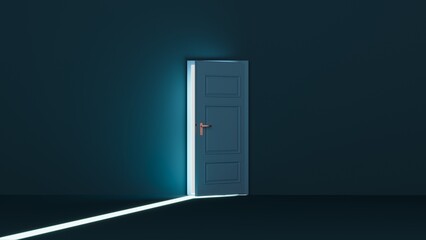 3d render of bright light shining through an ajar door into a dark room