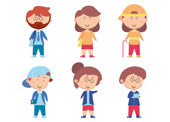 Naklejka premium Set of people with different action in cartoon character flat vector