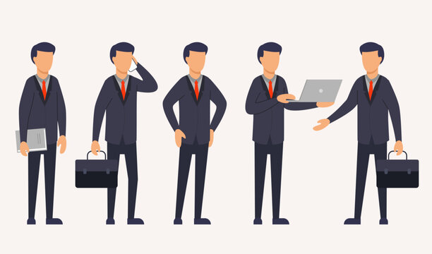 Set of business man with different gestures in cartoon character flat vector