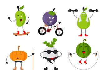 Fototapeta premium Set of fruit and vegetable in cartoon characters flat vector