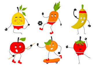 Set of fruit and vegetable in cartoon characters flat vector