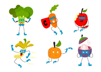 Set of fruit and vegetable in cartoon characters flat vector