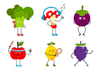 Set of fruit and vegetable in cartoon characters flat vector