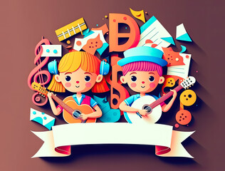 Children Playing music in Music School Paper cut Banner, Poster, Generative AI