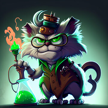 Crazy Scientist Cat Cartoon Character