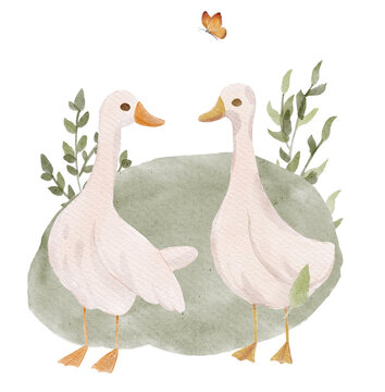Composition of cute white gooses with greenery. Watercolour cute cartoon scene.