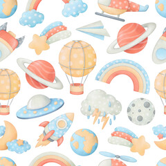Fototapeta premium Children's sky seamless pattern. Hand drawn watercolor illustrations