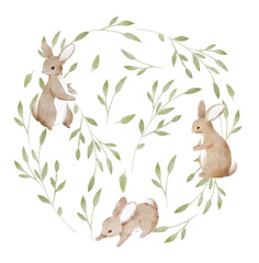 Round composition with cute bunnies and greenery. Watercolour frame for postcards. - 568850942
