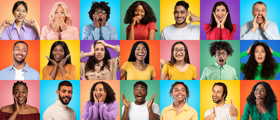 Set Of Portraits Of Multiethnic People Expressing Different Emotions Over Colorful Backgrounds