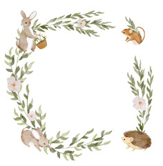 Watercolour frame with cute rabbits, mouse, hedgehog and plants.  © jenteva