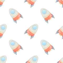 Fototapeta premium Сute kid's pattern with rocket. Hand drawn watercolor seamless pattern