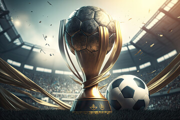 Gold Soccer Trophy cup with stadium background, For football competition, Generative AI