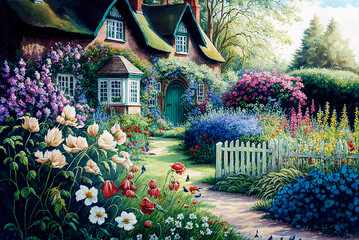 English cottage garden watercolor painting, house, fence, pathway. Generative AI - obrazy, fototapety, plakaty