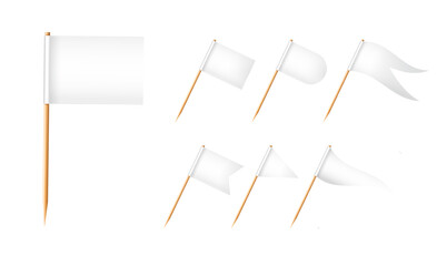 Toothpick flags. Wooden toothpicks with white paper flag. Location mark, map pointer. Vector
