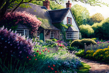 English cottage garden watercolor painting, house, path, fence. Generative AI - obrazy, fototapety, plakaty