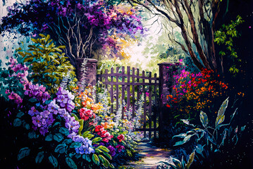English cottage garden watercolor painting, wooden gate. Generative AI