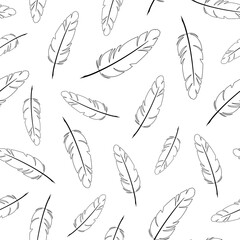 Flying feathers. Black and white vector seamless pattern. Best for textile, wallpapers, wrapping paper and home decoration.