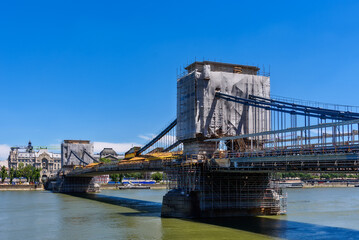 Repair of the Szechenyi Chain Bridge over the Danube River in Budapest. It is the oldest and most famous road bridge in Budapest.