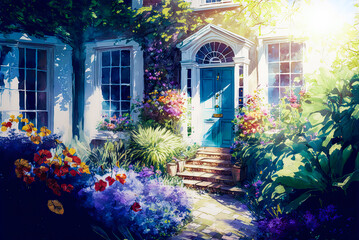 English cottage garden watercolor painting, entrance to house. Generative AI