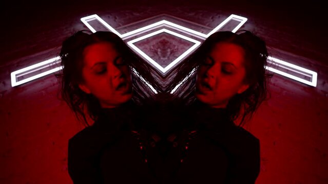 a mirror collage of the satanic rite of a woman with a bloody face on a neon cross background