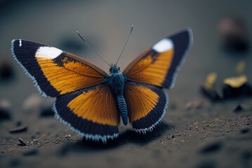 Obraz na płótnie Canvas macro shot of a daylight butterfly on the ground Generative AI