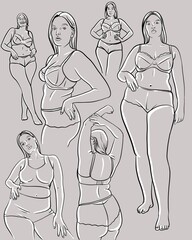  Bodypositive girls in lingerie. Posing Options. Line Art. 
