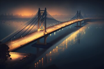 Fototapeta na wymiar An illuminated bridge spanning a river, with the navy blue waters below