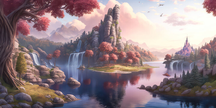 Illustration einer abstrakten Fantasielandschaft, Malerei, Digital Art AI Generative AI Kunst, Hintergrund Cover Kinderbuch