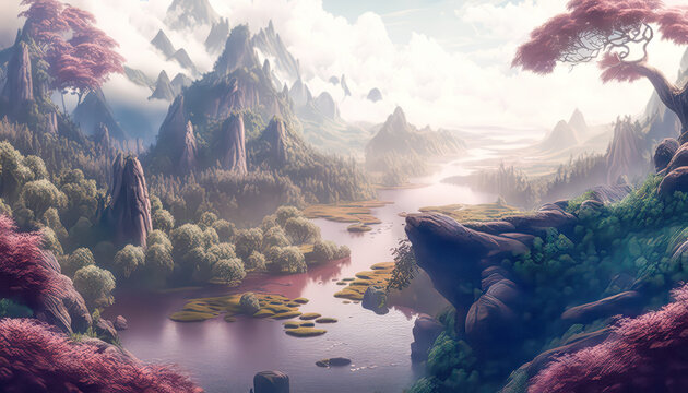 Illustration einer abstrakten Fantasielandschaft, Malerei, Digital Art AI Generative AI Kunst, Hintergrund Cover Kinderbuch