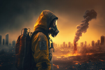 man in a protective yellow suit and gas mask front of a burning destroyed city nuke war earthquake
